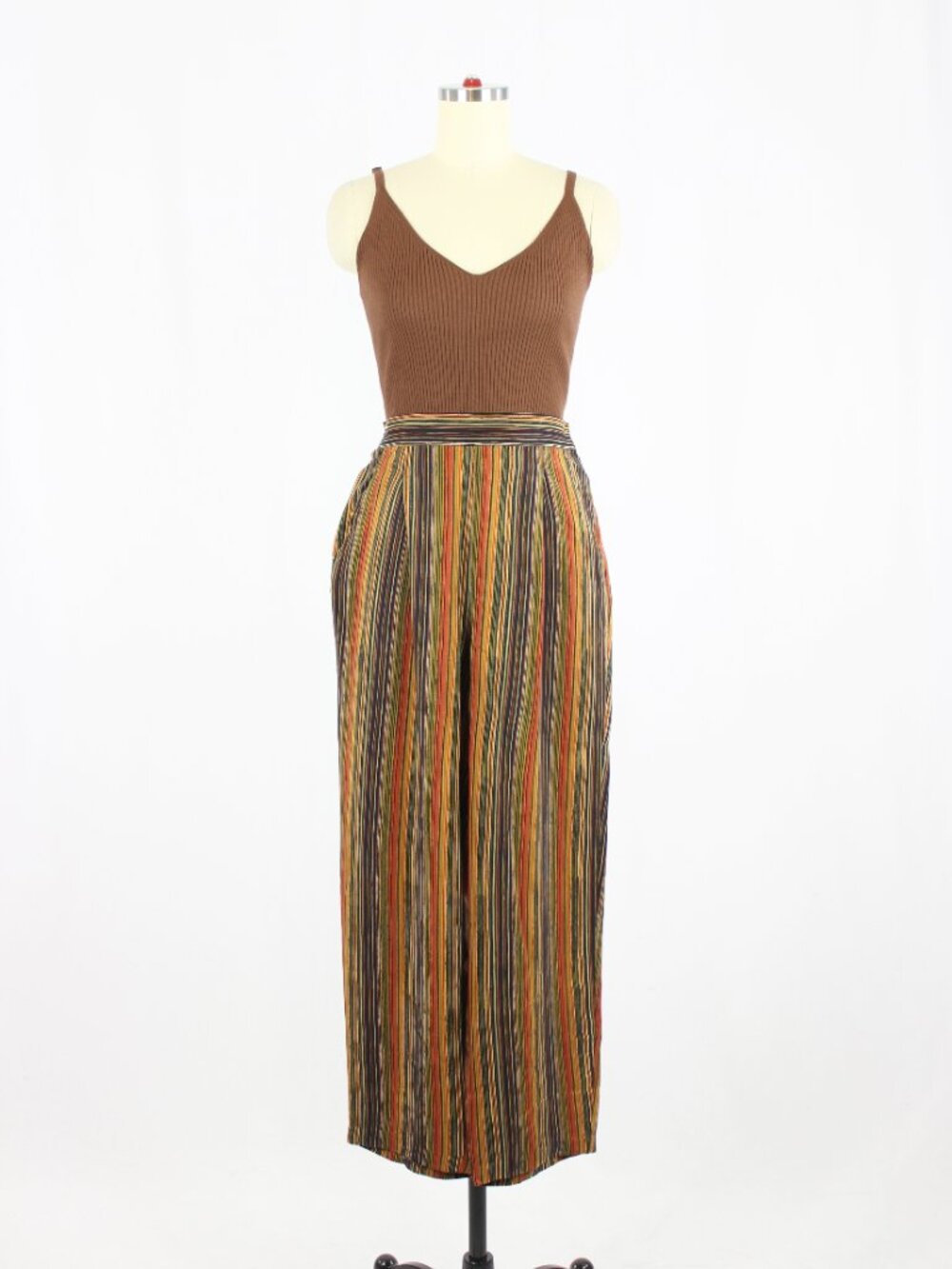 Vintage 00's AMANDA SMITH Orange Navy Tan Striped 100% Silk Crepe Pants, Size 6